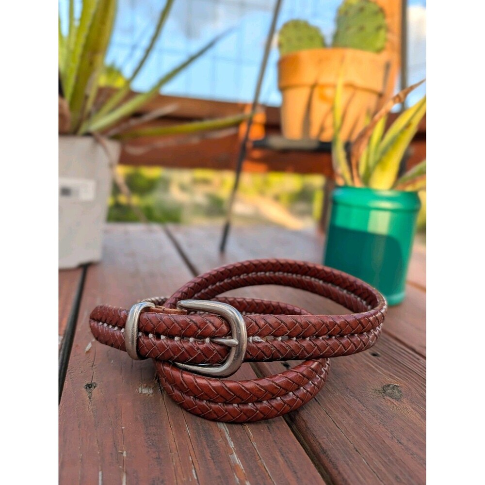 Coach Brown Braided Leather Woven Brass Buckle Belt Size 36 Unisex